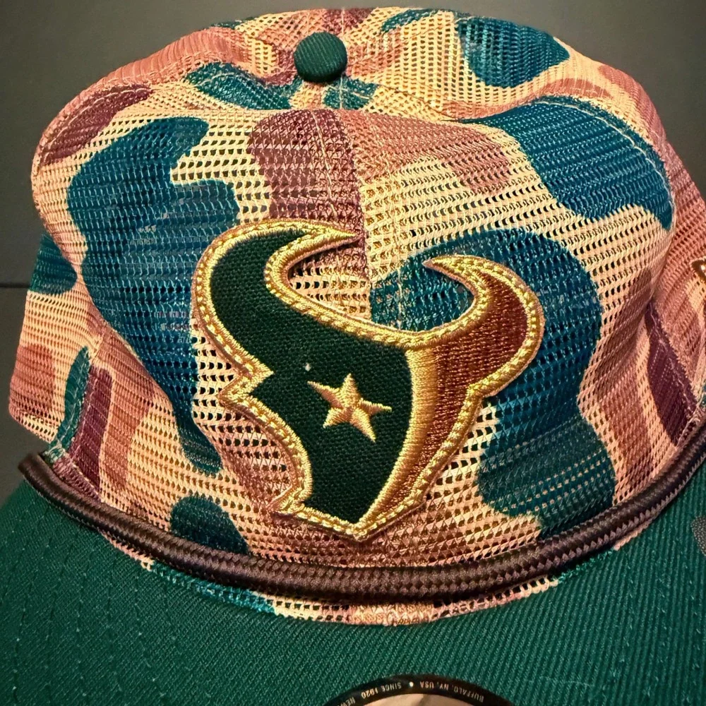 New Era Houston Texans Snapback Hat OSFM Green Camo NEW 9FIFTY NFL Mesh Trucker
